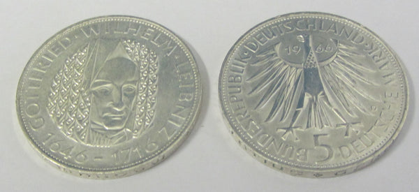 Münze - 625 Silber - Bundesrepublik Deutschland 1966 D 5 DM Leibniz - Gedenkmünze - vorzüglich-stempelglanz
