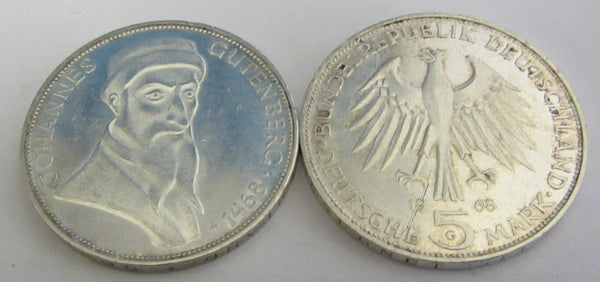 Münze - 625 Silber - Bundesrepublik Deutschland 1968 G 5 DM Gutenberg - Gedenkmünze  - vorzüglich