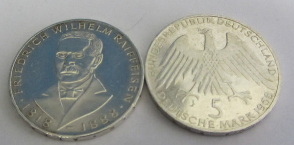 Münze - 625 Silber - Bundesrepublik Deutschland 1968 J 5 DM Raiffeisen - Gedenkmünze  - vorzüglich