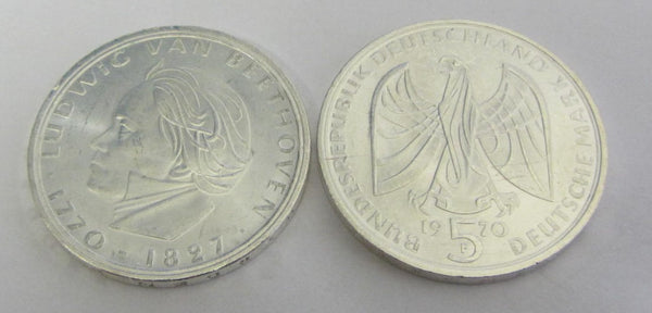 Münze - 625 Silber - Bundesrepublik Deutschland 1970 F 5 DM  Beethoven - Gedenkmünze  - vorzüglich